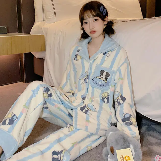 静英鸾 翻领简约休闲时尚甜美可爱卡通小狗法兰绒亲肤柔软舒适可外穿家居服睡衣套装 女款