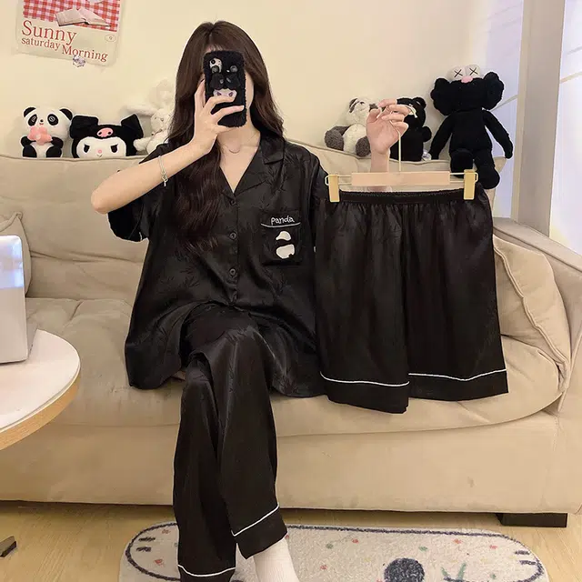 静英鸾 翻领卡通熊猫简约风休闲舒适三件套家居服睡衣套装 女款