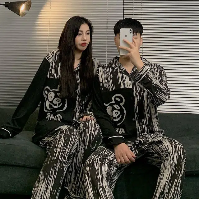 静英鸾 棉质长袖长裤翻领开衫卡通条纹小熊情侣休闲家居服秋冬季睡衣套装 男女同款