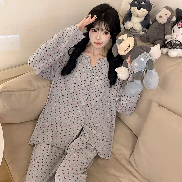 静英鸾 冰丝螺纹长袖长裤圆领开衫韩系小碎花印花家居服春秋季睡衣套装 女款