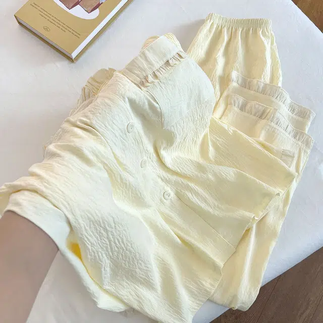 静英鸾 花边翻领开衫纯色简约长袖长裤休闲家居服秋冬季睡衣套装 女款