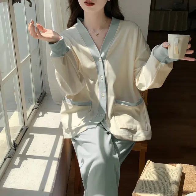 静英鸾 德绒长袖长裤和尚领开衫纯色简约小清新两件套家居服秋冬季保暖套装 女款