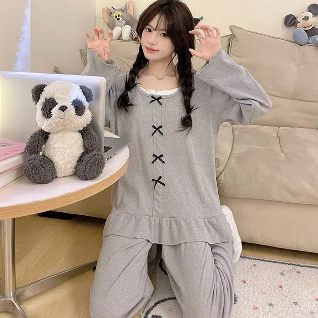 静英鸾 德绒长袖长裤圆领套头纯色蝴蝶结两件套家居服秋冬季保暖套装 女款