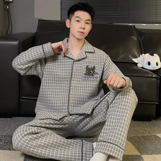 静英鸾 休闲时尚简约格子可爱卡通亲肤保暖舒适可外穿家居服睡衣套装 男款