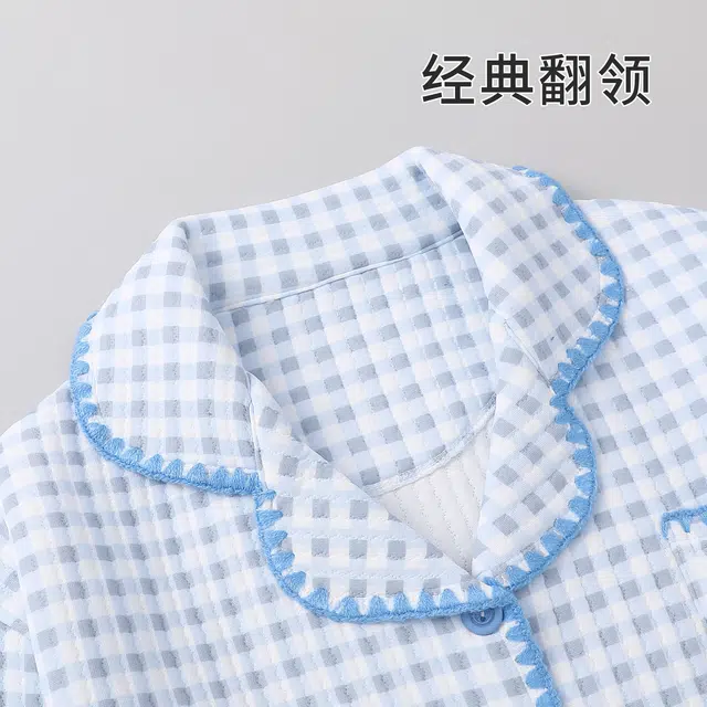 静英鸾 休闲简约蓝格子卡通小狗保暖亲肤舒适可外穿家居服睡衣套装 女款