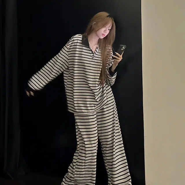 静英鸾 翻领开衫简约纯色条纹长袖长裤休闲家居服秋冬季睡衣套装 女款