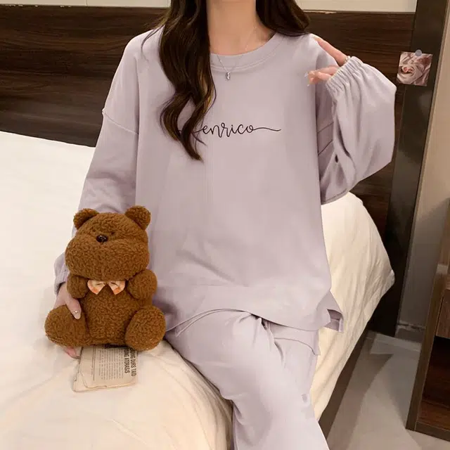 静英鸾 德绒长袖长裤圆领套头纯色简约甜美两件套家居服秋冬季保暖套装 女款