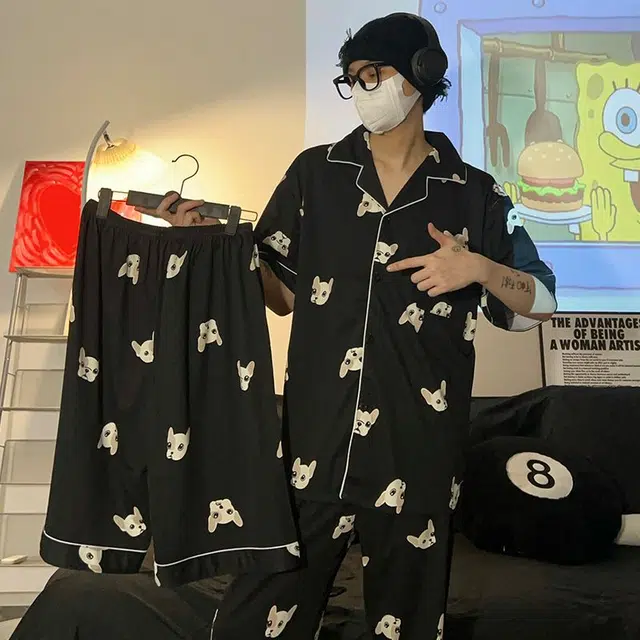 静英鸾 简约短袖长裤斗法犬家居服春夏秋款三件套睡衣礼盒 男款
