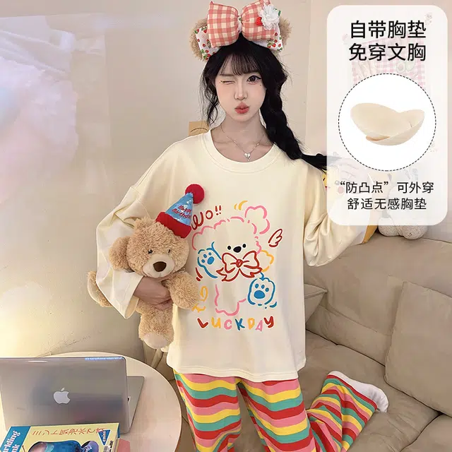 静英鸾 带胸垫圆领套头长袖长裤简约多巴胺条纹小狗家居服春秋季睡衣套装 女款