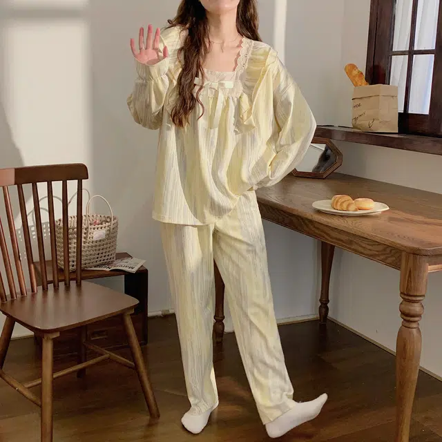 静英鸾 秋季印花蝴蝶结时尚简约风休闲舒适家居服睡衣套装 男女同款