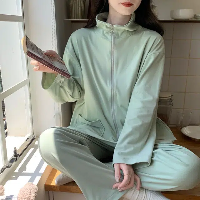 静英鸾 德绒长袖长裤翻领拉链带口袋纯色简约小清新两件套家居服秋冬季保暖套装 女款