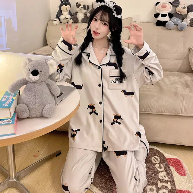 静英鸾 德绒长袖长裤翻领开衫可爱卡通小狗休闲两件套家居服秋冬季睡衣套装 女款