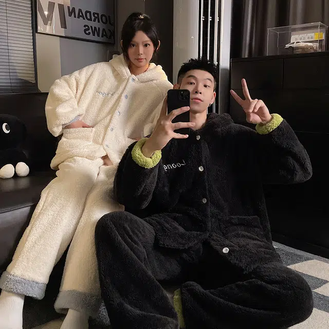 静英鸾 珊瑚绒加厚加绒连帽可爱小怪兽家居服秋冬季保暖睡衣套装 男女同款