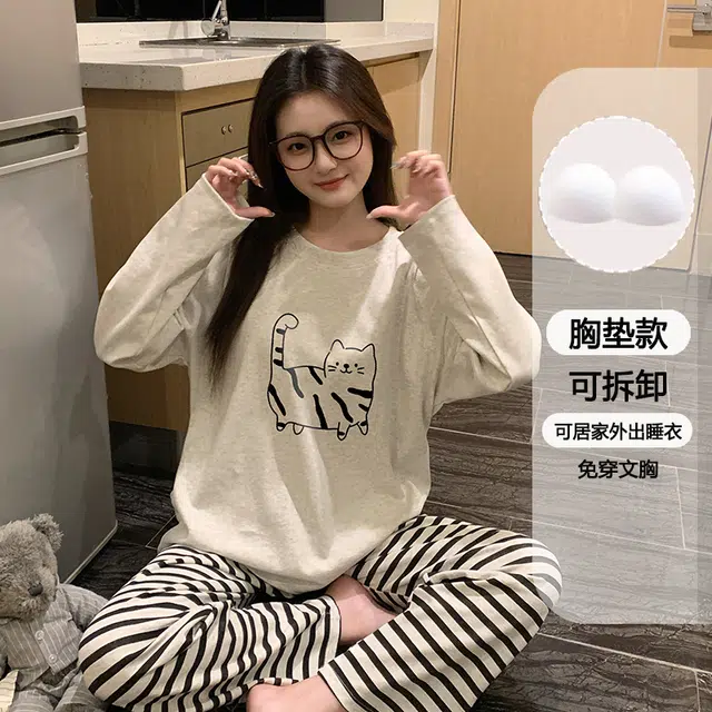 静英鸾 可拆卸胸垫休闲时尚简约高级感卡通线条小猫亲肤柔软舒适可外穿家居服睡衣套装 女款