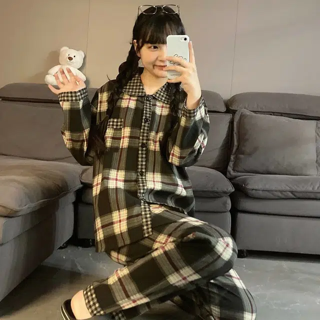 静英鸾 情侣格子长袖开衫简约设计家居服睡衣套装 男女同款
