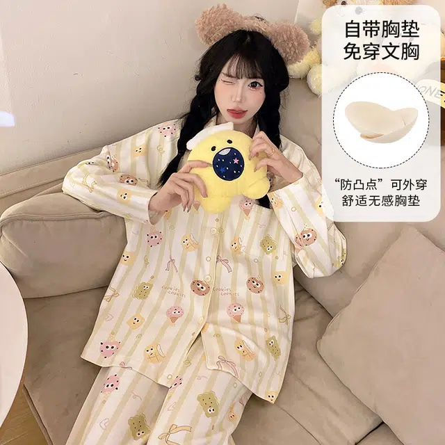 静英鸾 带胸垫长袖长裤翻领开衫卡通条纹小饼干家居服睡衣套装 女款