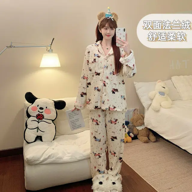 静英鸾 冬季宅家可爱腊肠狗甜美风珊瑚绒加绒加厚家居服睡衣套装 女款