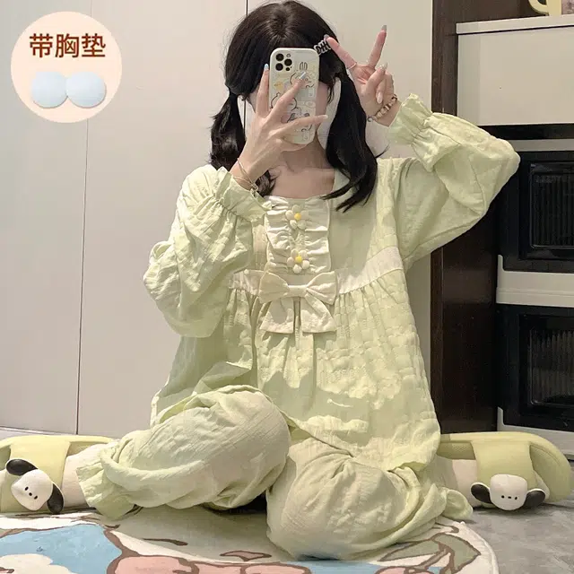 静英鸾 带胸垫简约甜美可爱小清新亲肤舒适可外穿家居服睡衣套装 女款