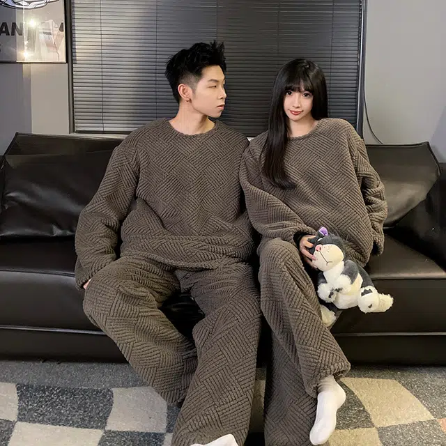 静英鸾 圆领格子休闲舒适保暖加厚加绒珊瑚绒家居服睡衣套装 男女同款