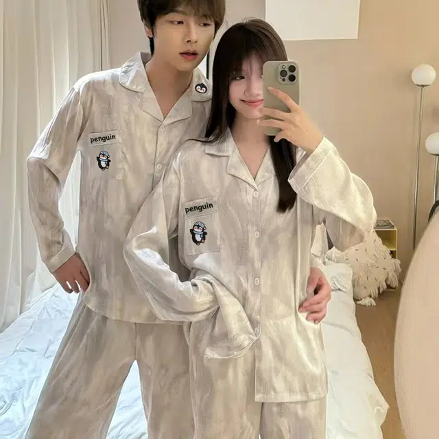 静英鸾 情侣舒适简约休闲风长袖长裤卡通企鹅图案家居服睡衣套装 男女同款