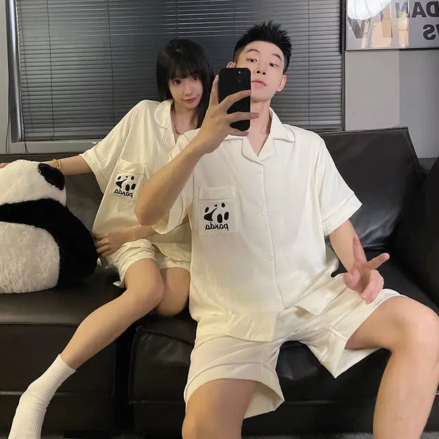 静英鸾 可爱熊猫翻领简约风休闲舒适家居服睡衣套装 男女同款