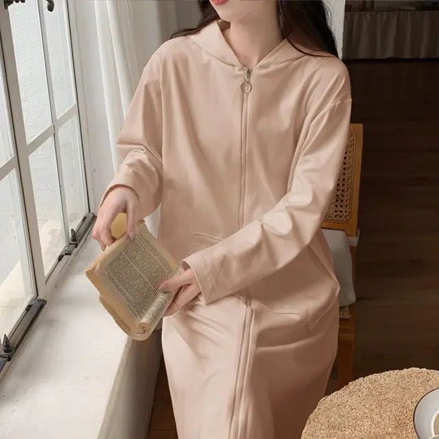 静英鸾 德绒长袖长裙连帽拉链纯色简约柔软舒适休闲家居服秋冬季保暖套装 女款