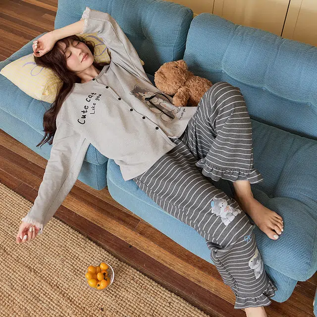 静英鸾 春秋季简约可爱卡通蝴蝶结小猫休闲亲肤舒适家居服睡衣套装 女款