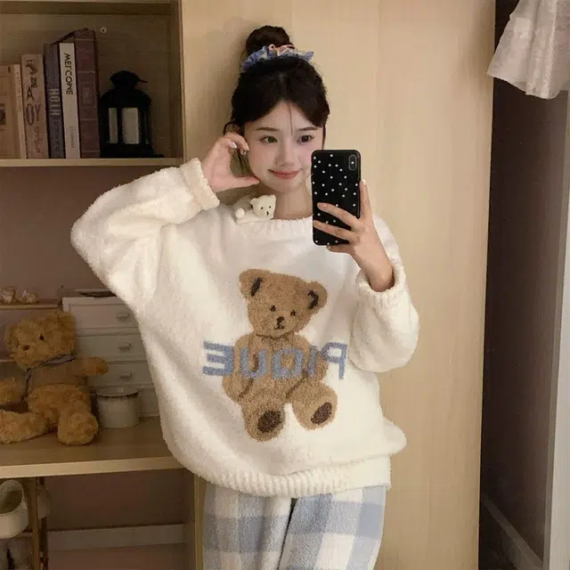 静英鸾 圆领舒适加绒加厚保暖长袖可外穿家居服睡衣套装 女款