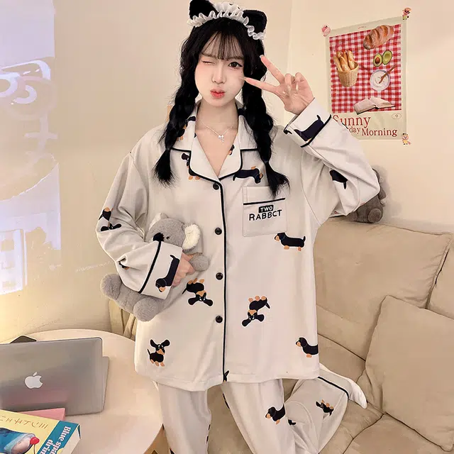 静英鸾 德绒长袖长裤翻领开衫可爱卡通小狗休闲两件套家居服秋冬季睡衣套装 女款