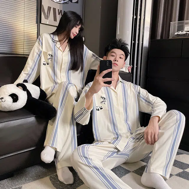 静英鸾 翻领条纹可爱熊猫慵懒甜美风休闲舒适家居服睡衣套装 男女同款