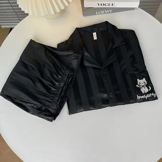 静英鸾 夏季男简约休闲风短袖条纹卡通小猫图案家居服睡衣礼盒 男款