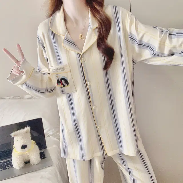 静英鸾 简约休闲时尚条纹甜美可爱卡通企鹅家居服睡衣套装 女款