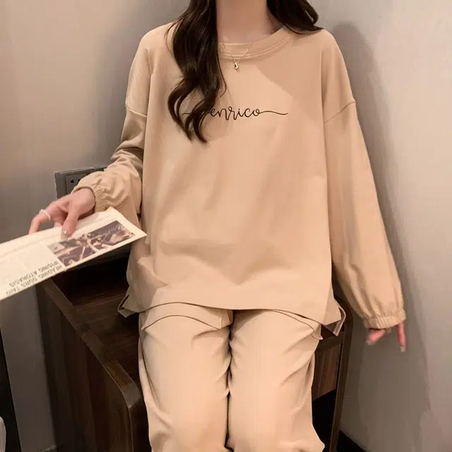 静英鸾 德绒长袖长裤圆领套头纯色简约两件套家居服秋冬季保暖套装 女款