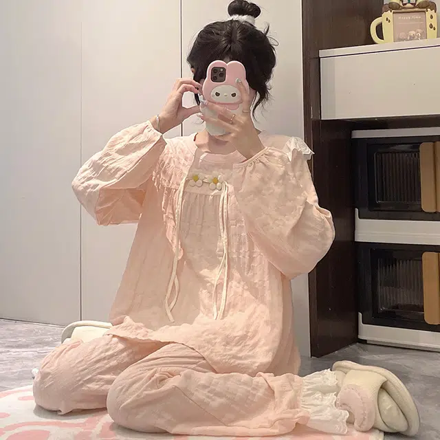 静英鸾 带胸垫简约粉甜美可爱小清新亲肤舒适可外穿家居服睡衣套装 女款