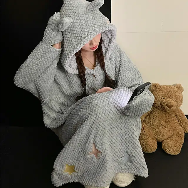 静英鸾 休闲时尚简约灰甜美可爱卡通柔软保暖舒适可外穿家居服睡裙 女款