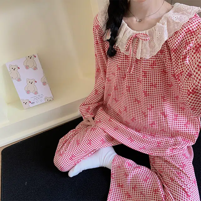 静英鸾 云朵棉长袖长裤圆领套头纯色格子蝴蝶结甜美花边休闲两件套家居服秋冬季睡衣套装 女款