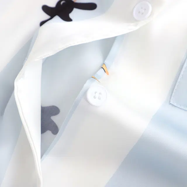 静英鸾 冰丝长袖长裤翻领开衫可爱卡通条纹小黑猫家居服秋冬季睡衣套装 女款