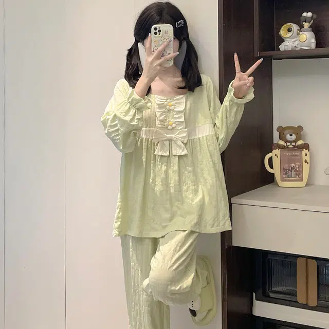 静英鸾 带胸垫简约甜美可爱小清新亲肤舒适可外穿家居服睡衣套装 女款