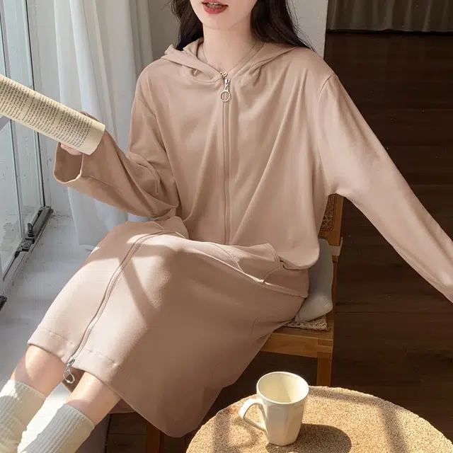 静英鸾 德绒长袖长裙连帽拉链纯色简约柔软舒适休闲家居服秋冬季保暖套装 女款