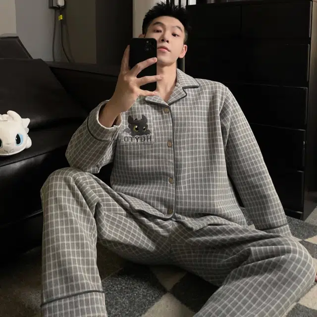 静英鸾 休闲时尚简约格子可爱卡通亲肤保暖舒适可外穿家居服睡衣套装 男款