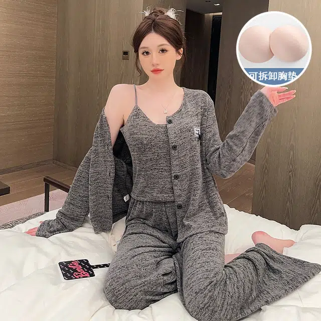 静英鸾 棉质羊绒长袖吊带长裤开衫纯色简约舒适家居服秋冬季睡衣套装 女款