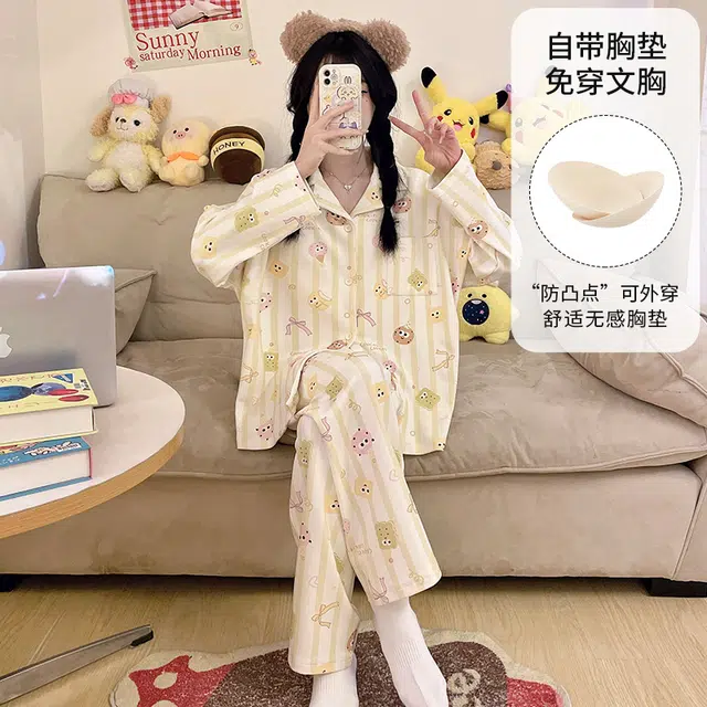 静英鸾 带胸垫长袖长裤翻领开衫卡通条纹小饼干家居服睡衣套装 女款