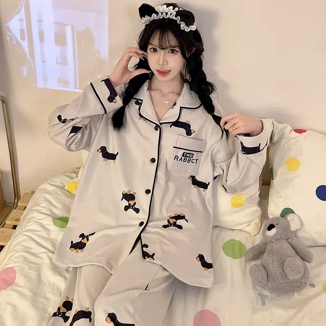 静英鸾 德绒长袖长裤翻领开衫可爱卡通小狗休闲两件套家居服秋冬季睡衣套装 女款