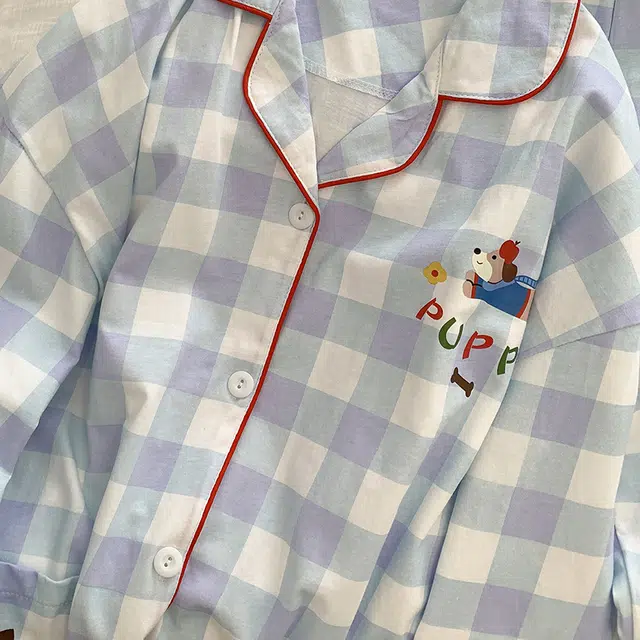 静英鸾 翻领格子卡通苹果甜美风休闲舒适家居服睡衣套装 女款