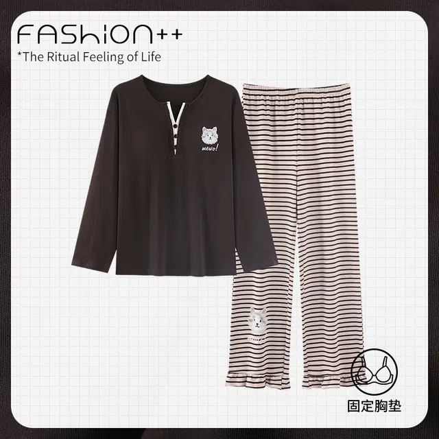静英鸾 带胸垫甜美可爱休闲卡通小猫舒适亲肤家居服睡衣套装 女款