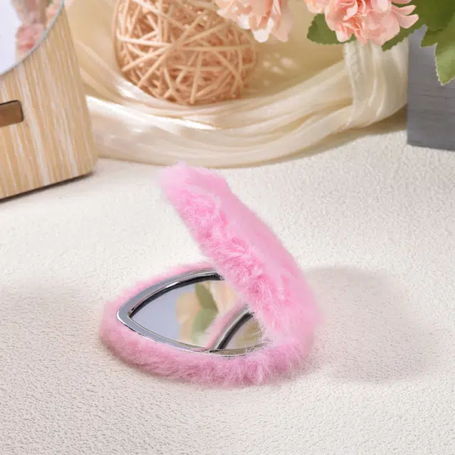 格安诺毛绒爱心双面折叠带放大镜子桃心仿兔毛化妆镜高清镜面 随身小镜