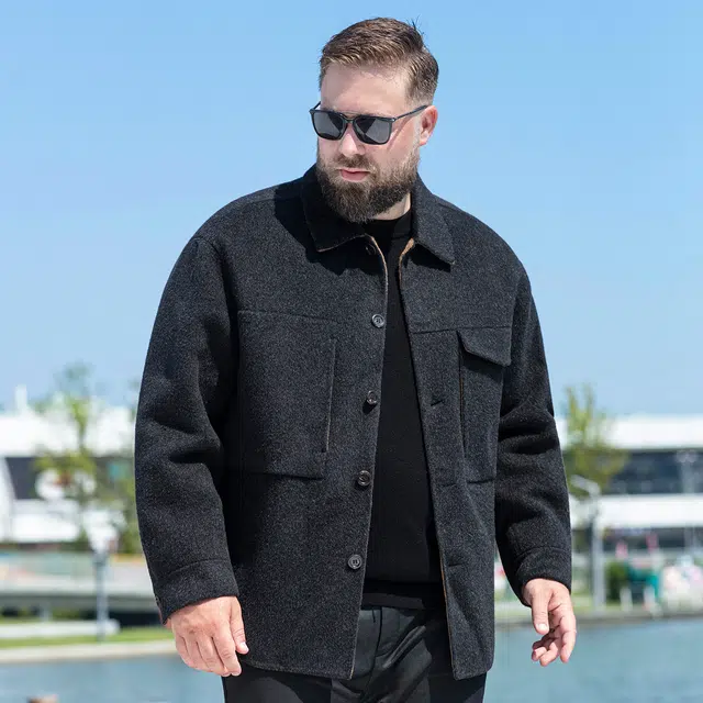 百胜狐 大码男装冬季休闲宽松翻领保暖毛呢大衣 男款