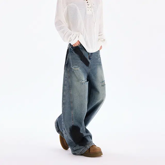 八哥 美式复古高街基础款拼接撞色破洞水洗做旧设计感潮流时尚显瘦显高弯刀裤日常通勤百搭垂感舒适柔软长裤牛仔裤 男女同款
