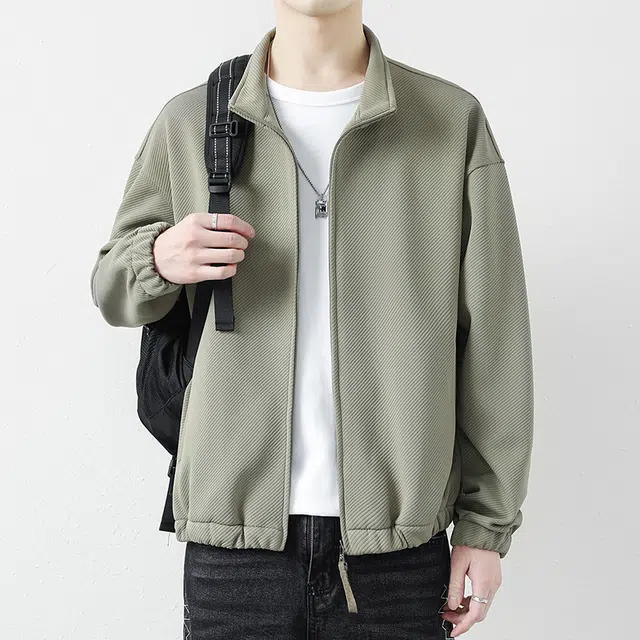 八哥 美式高街基础款经典复古纯色时尚潮流舒适设计感宽松日常通勤百搭简约工装飞行员翻领拉链长袖外套夹克 男女同款