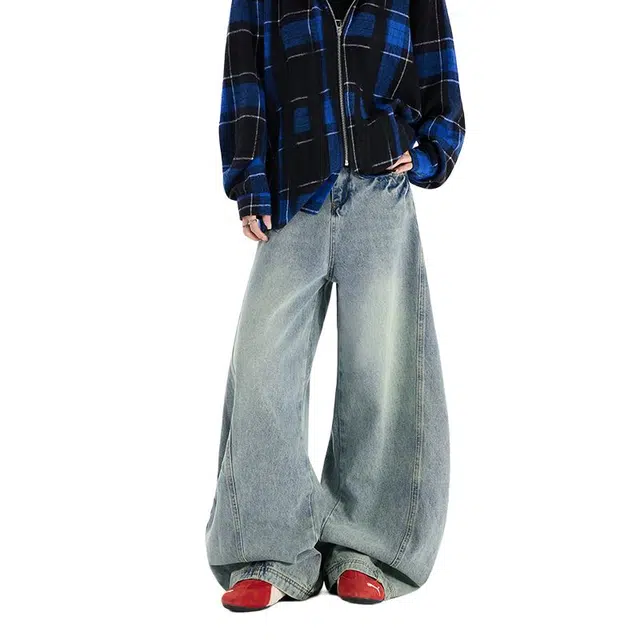 八哥 美式复古高街基础款拼接破洞水洗做旧设计感潮流时尚显瘦显高弯刀裤日常通勤百搭垂感舒适柔软长裤牛仔裤 男女同款